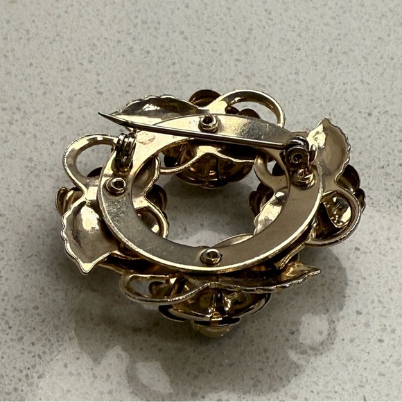 Vintage Brooch Gold Tone Roses Rhinestones Mid-Century Modern MCM - Picture 5 of 8